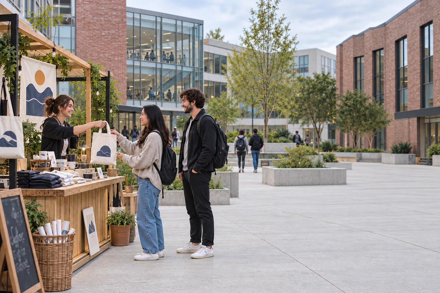 Illustrative Campus-Szene mit Studierenden und einem Marktstand