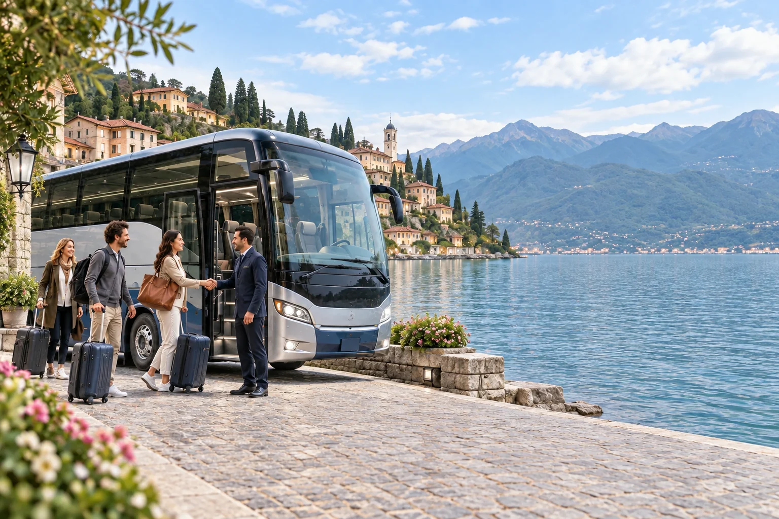 Illustrative Reiseszene mit Reisebus und Gästen an einem See